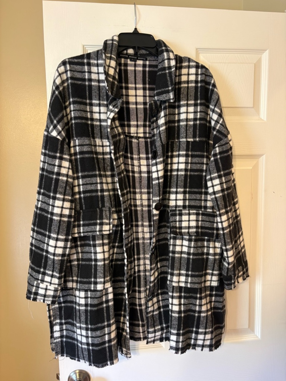 Hyfve Plaid Shacket Black White Button Front Jacket Frayed Hem Oversized Cozy